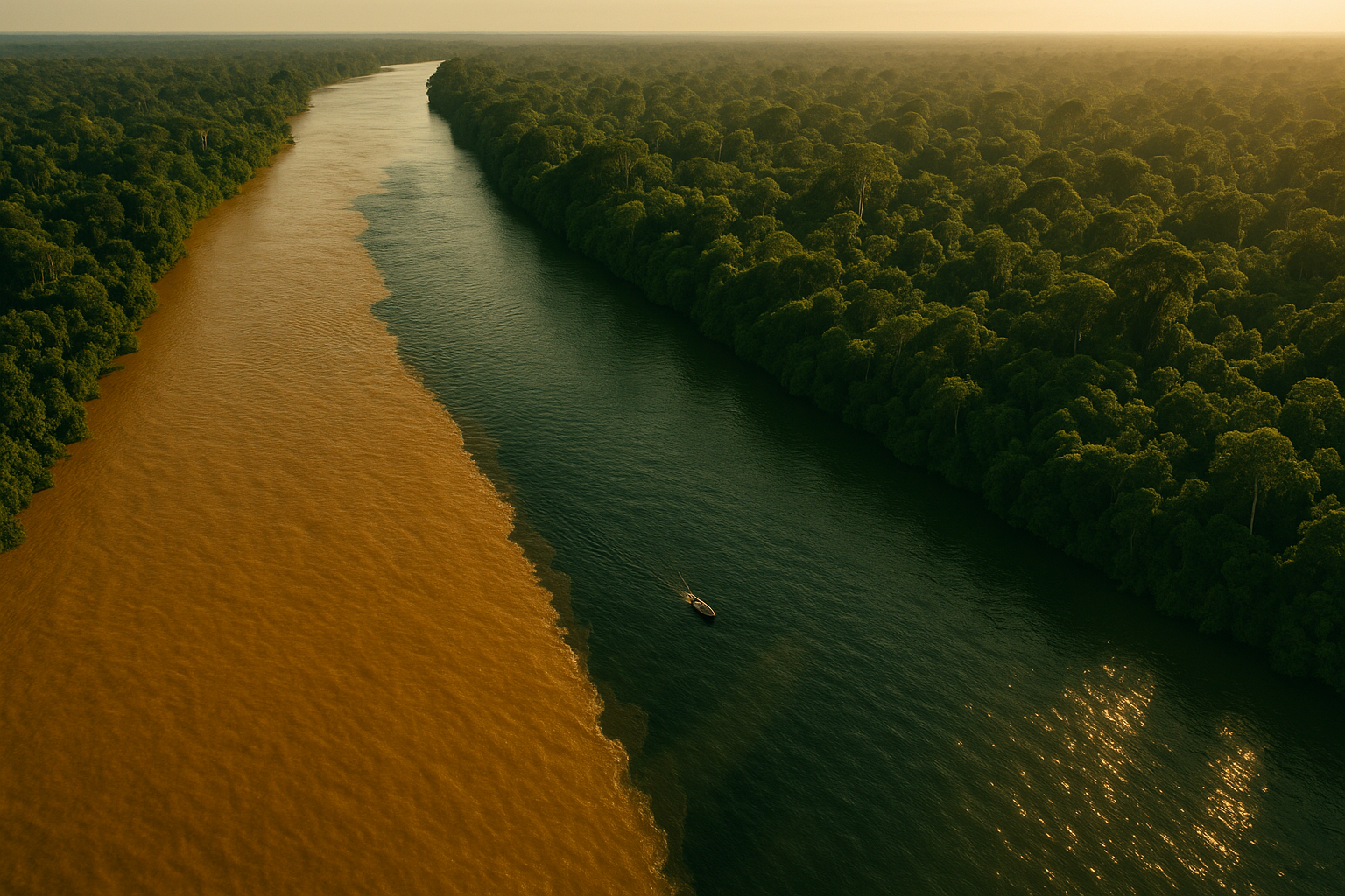 Encontro de dois rios amazônicos vistos de cima — um ocre, um verde escuro — convergindo em uma linha visível, cercados por floresta densa.
