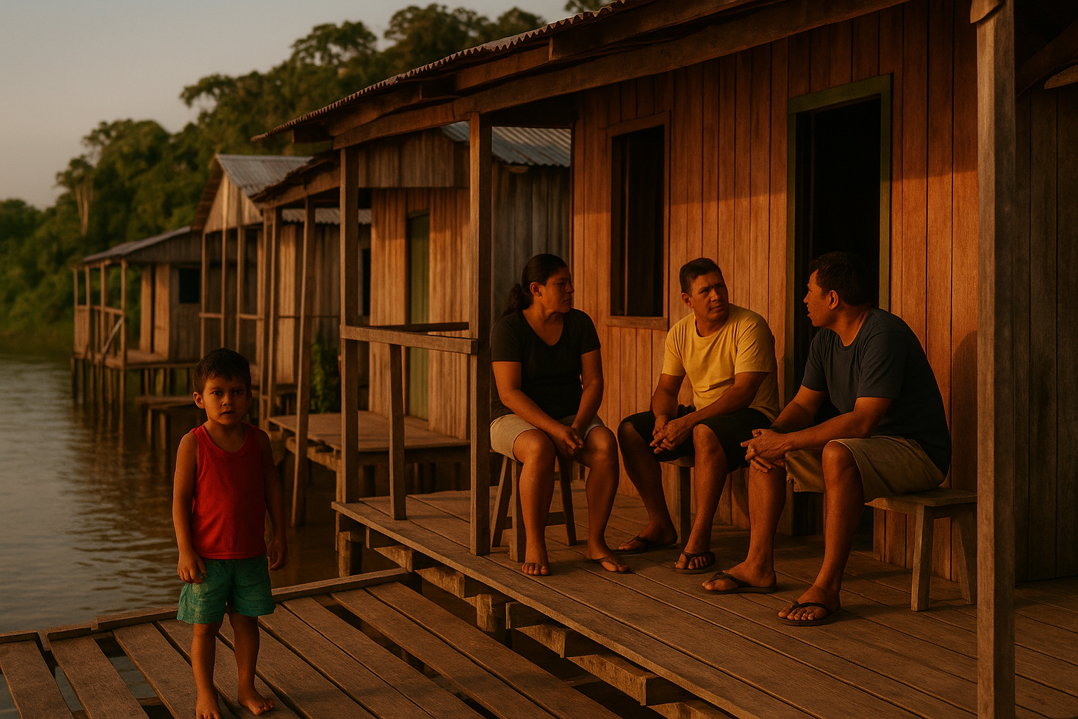 Comunidade ribeirinha em palafita à beira do rio, hora dourada, pessoas conversando no terraço de madeira.